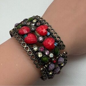 Ornate Multi-Color Gem & Red Heart Statement Bracelet